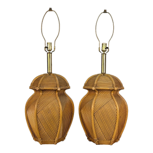 Vintage Coastal Chinoiserie Faux Rattan Pagoda Table Lamps - A Pair