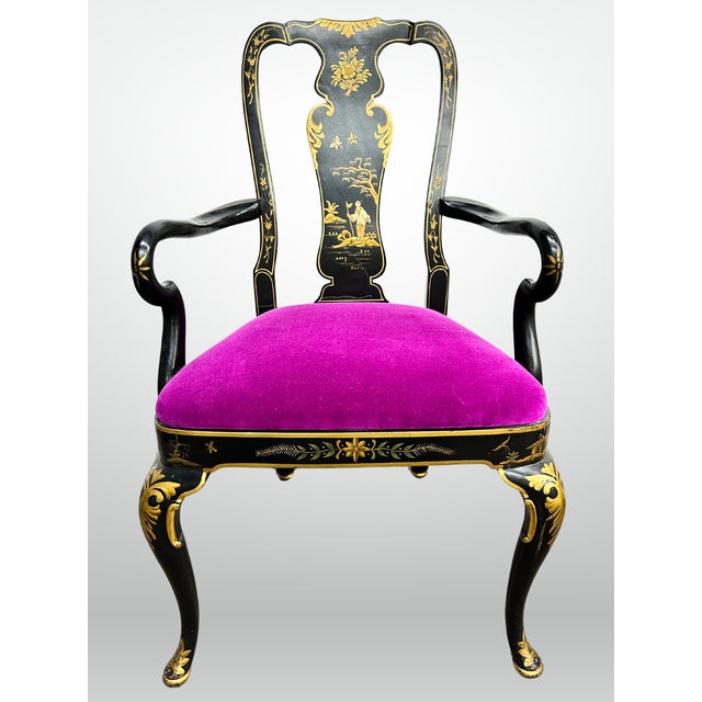 Chinoiserie Kindel Queen Anne Hand Painted Chinoiserie Chairs Set of 6 Fuschia Velvet For Sale - Image 3 of 13