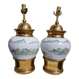 Pair of Vintage Mid 20th Century Asian Bronze and Porcelain Lamps For Sale