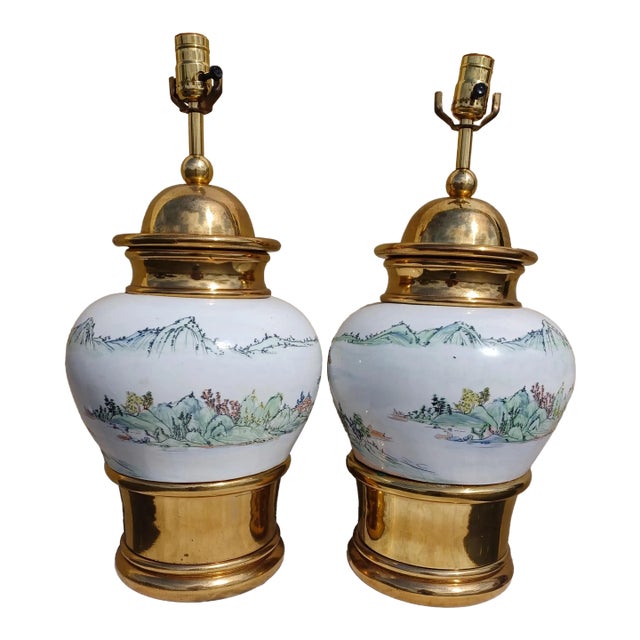 Pair of Vintage Mid 20th Century Asian Bronze and Porcelain Lamps For Sale
