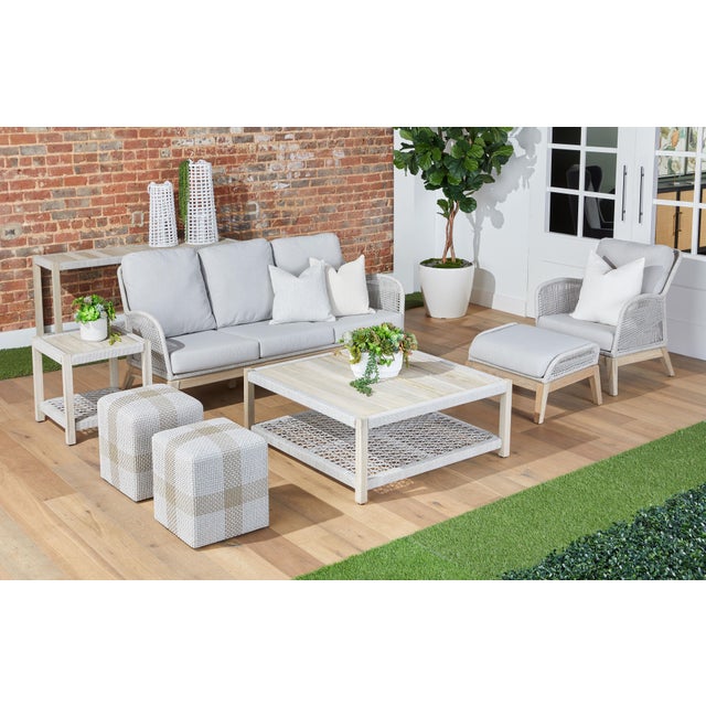 Beige Loom Teak & Rope Outdoor Club Chair, Taupe & White Flat Rope For Sale - Image 8 of 12