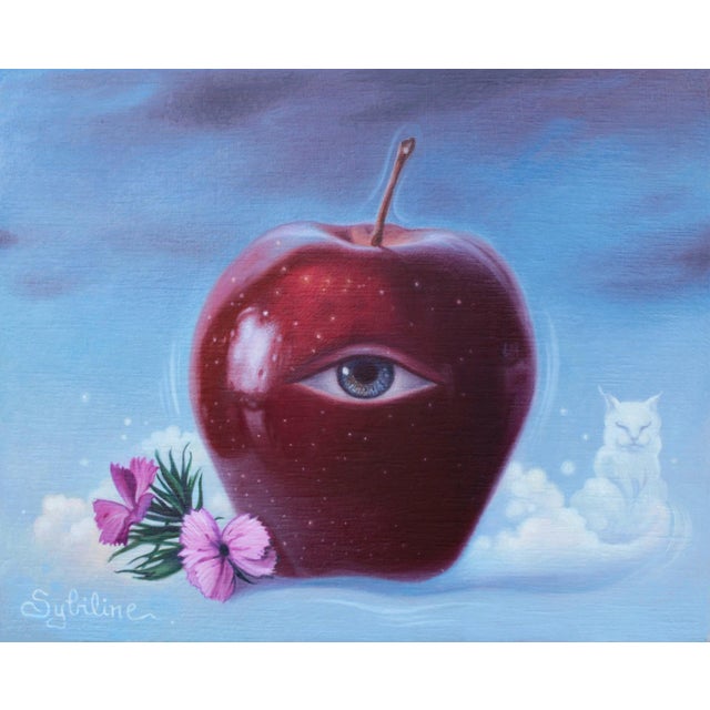 Looking for the Kitty by Sybiline | Oil on panel Red apple with an eye, flowers, and a white cat. For Sale