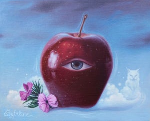 Looking for the Kitty by Sybiline | Oil on panel Red apple with an eye, flowers, and a white cat.