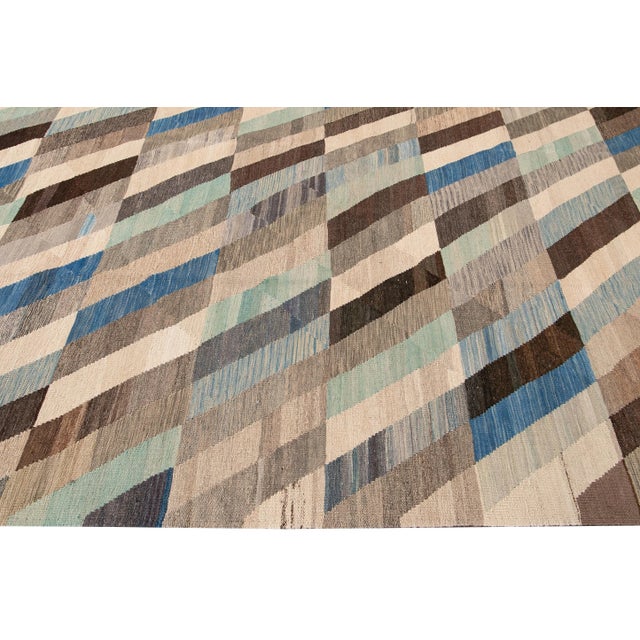 Contemporary Kilim Flatweave Multicolor Geometric Abstract Wool Rug For Sale In New York - Image 6 of 9