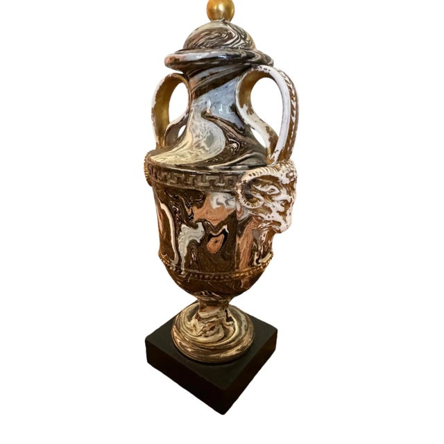 Neoclassical Late 18th Century Wedgwood and Bentley Agate Ware Small Two Handled Urn on Basalt Base, Wedgwood Seal Under the Base For Sale - Image 3 of 11