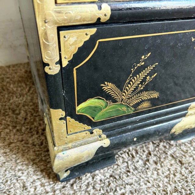 1980s Chinese Black Lacquered Hand Painted Lingerie Chest With Gold Accents For Sale - Image 5 of 12