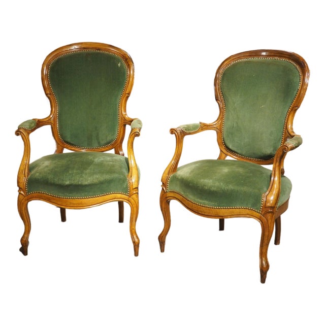 Pair of Antique French Walnut Violin Back Fauteuils, Circa 1885 For Sale