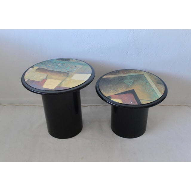 1980s Milano Memphis Style Circular Black Lacquered Painted Mushroom Nesting Side Tables - A Pair For Sale In Miami - Image 6 of 17