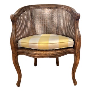 Vintage Hekman French Style Caned Barrel Chair With Yellow and White Cushion For Sale