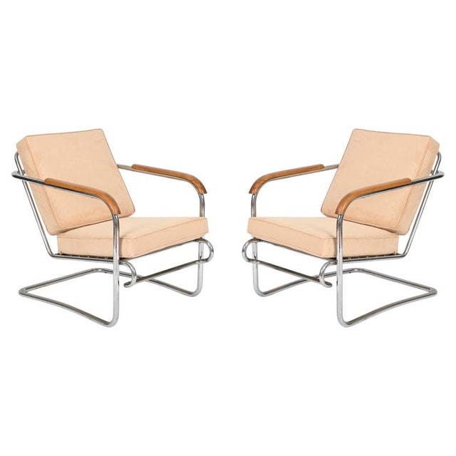 Tubular Chrome and Walnut Armchairs with Suede Upholstery, 1940s, Set of 2 For Sale - Image 18 of 18