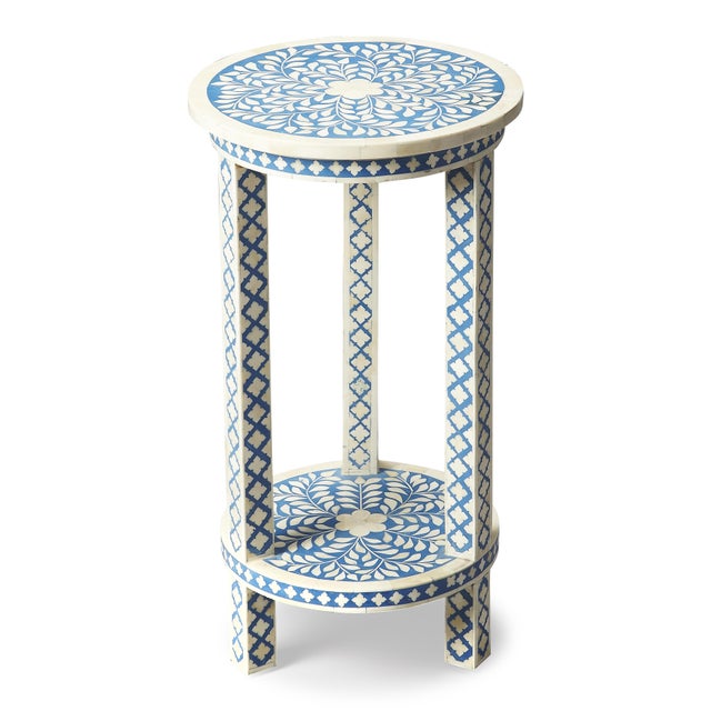 2020s Vivienne 12.75 in. W Round Bone Inlay Side Table with Open Lower Shelf, Blue and White Bone For Sale - Image 5 of 5