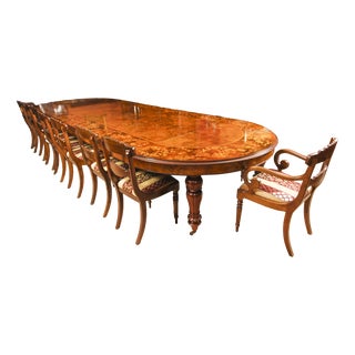 Burr Walnut Marquetry Dining Table and Chairs, 1990s, Set of 17 For Sale
