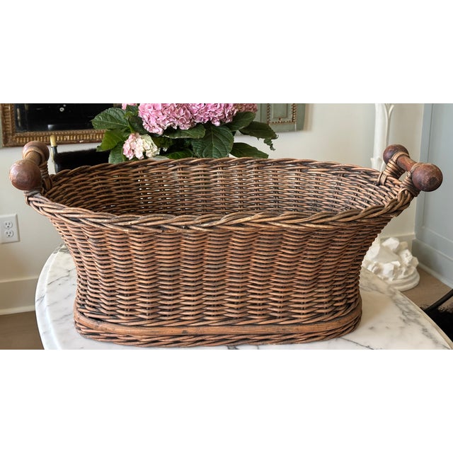 Vintage French Wicker Basket With Turned Wood Handles & Wood Slatted Base For Sale - Image 14 of 16
