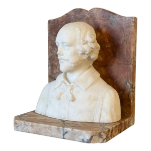 Antique Hand Carved White and Pink Marble Bookend Depicting William Shakespeare