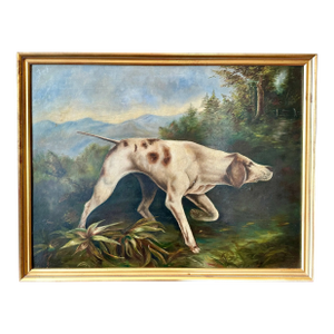 Antique English Pointer Dog Landscape Oil on Board Painting