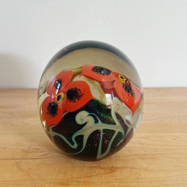 Vintage Mouth Blown Glass Paper Weight With Red Flowers by Robert Eickholt For Sale - Image 9 of 9