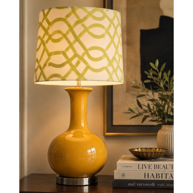 Late 20th Century 70s-Style Mustard Ceramic Gourd Table Lamps With Geometric Shades - a Pair For Sale - Image 4 of 5