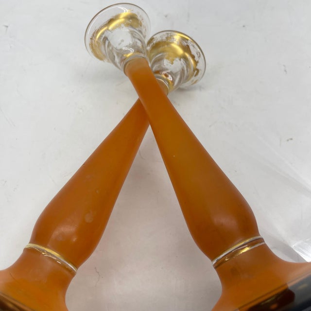 1930s Charles Schneider Style Art Deco Pressed Orange Glass Candlesticks - A Pair For Sale - Image 4 of 12