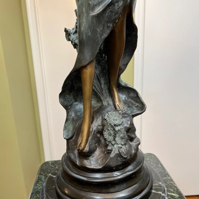Dark Green Bronze Statue Young Lady With Bouquet of Flowers For Sale - Image 8 of 10
