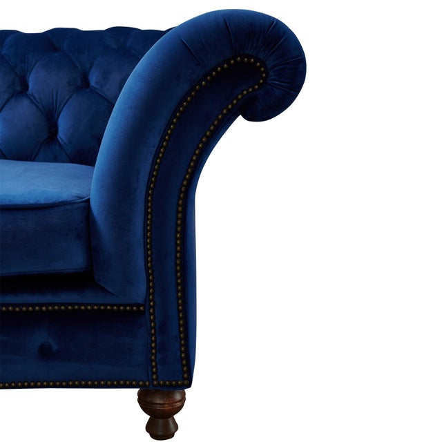 Peyton Sloped Arm Chesterfield Arm Chair - Blue Velvet For Sale In Chicago - Image 6 of 7