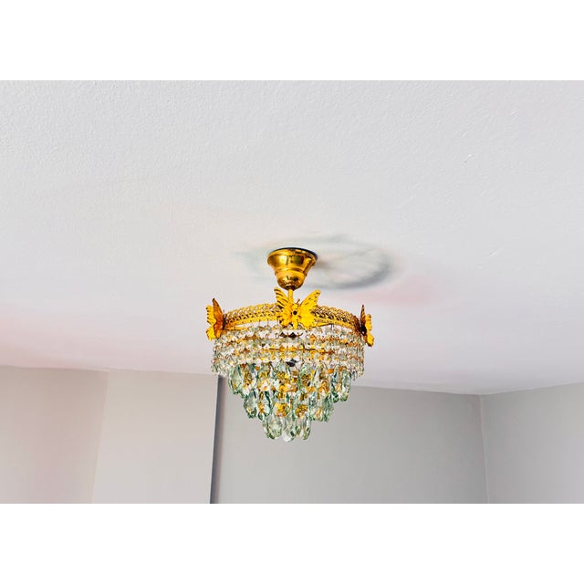 Vintage Brass Butterfly Flush Mount Light, Vintage Hand-Painted Light Green Crystal Basket Chandelier, Dramatic Radial Shadow Display For Sale - Image 15 of 15