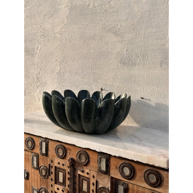 Green Hand-Carved Verde Guatemala Marble Lotus Sink – 16” Sculptural Stone Basin For Sale - Image 8 of 13