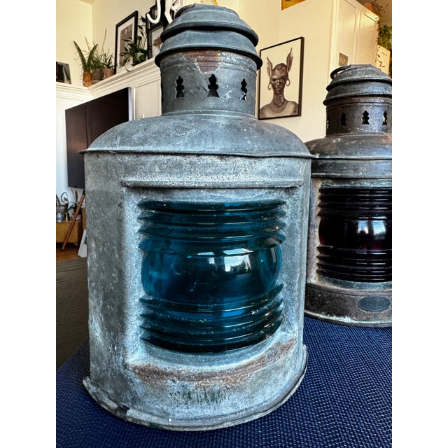 Early 20th Century Perko Tiebout Marine Lanterns One with blue glass One with red glass Large 8"w x 7:d x 8.5"h 7"w x 6"d...