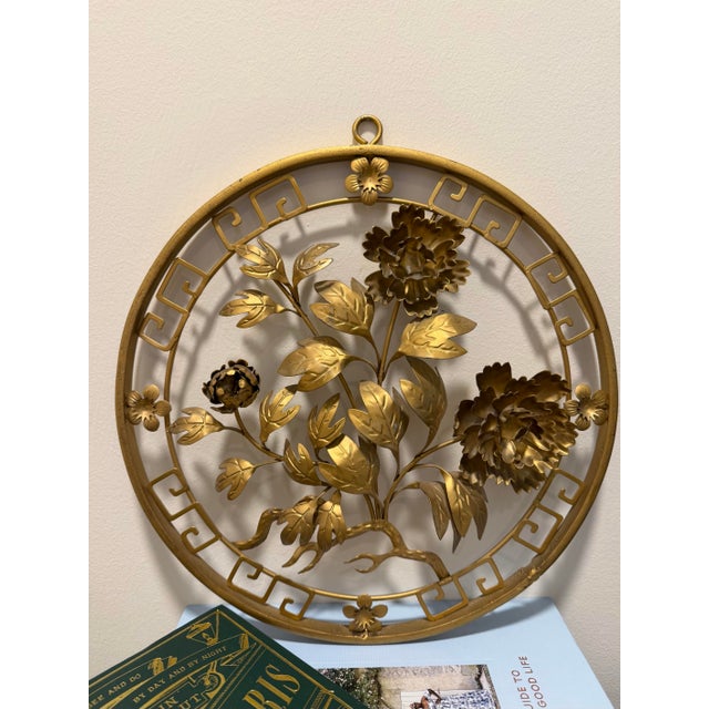 Mid-Century Modern Vintage Mid 20th Century Gold Metal Asian Flower Wall Decor For Sale - Image 3 of 9