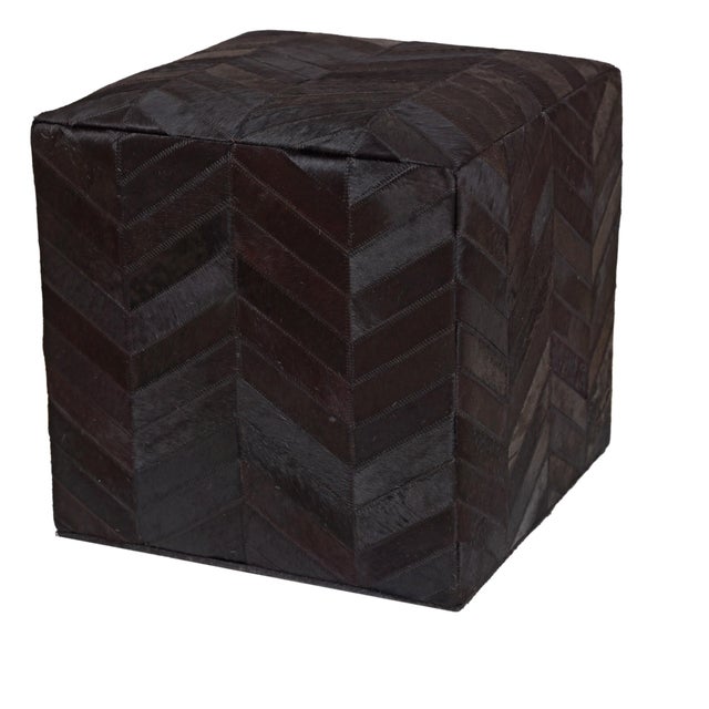 Handmade Black Cowhide Leather Ottoman Pouf 18x18x18 in Chevron Patchwork For Sale - Image 10 of 11