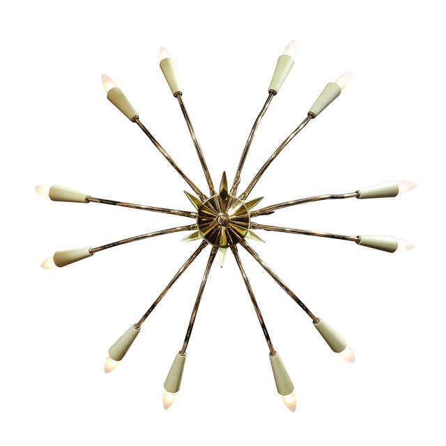 Mid-Century Modern Mid-Century Polished Brass & Green Enamel 12 Light Chandelier by Stilnovo For Sale - Image 3 of 18