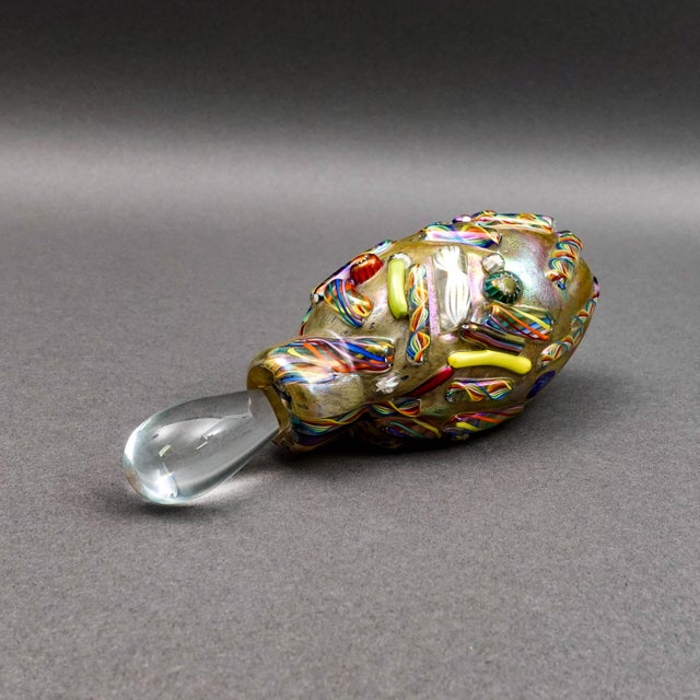 Bruce Fruend Signed Millefiori Iridescent Hand Blown Art Glass Perfume Bottle With Dauber. Measures approximately 2"...