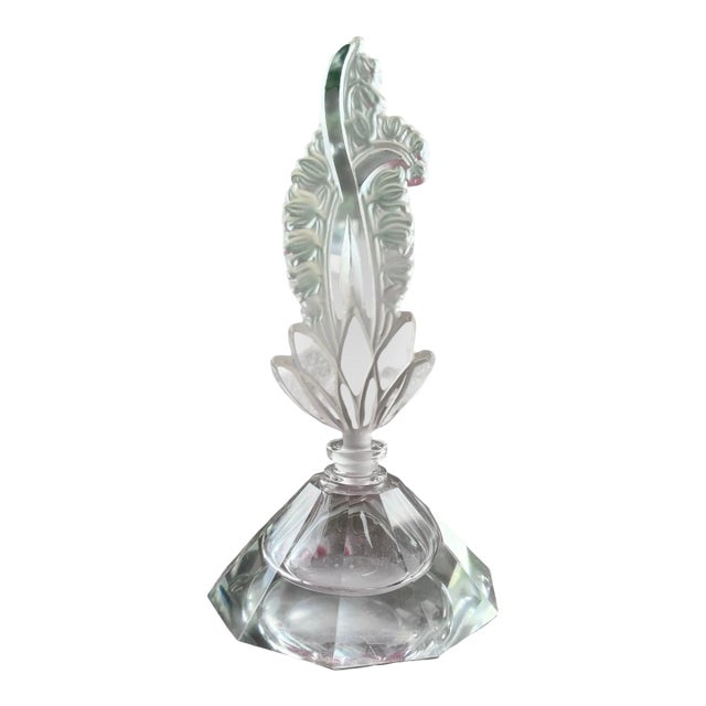 Czechoslovakian Art Deco Paneled Crystal Perfume Bottle Frosted Crystal Stoppe For Sale