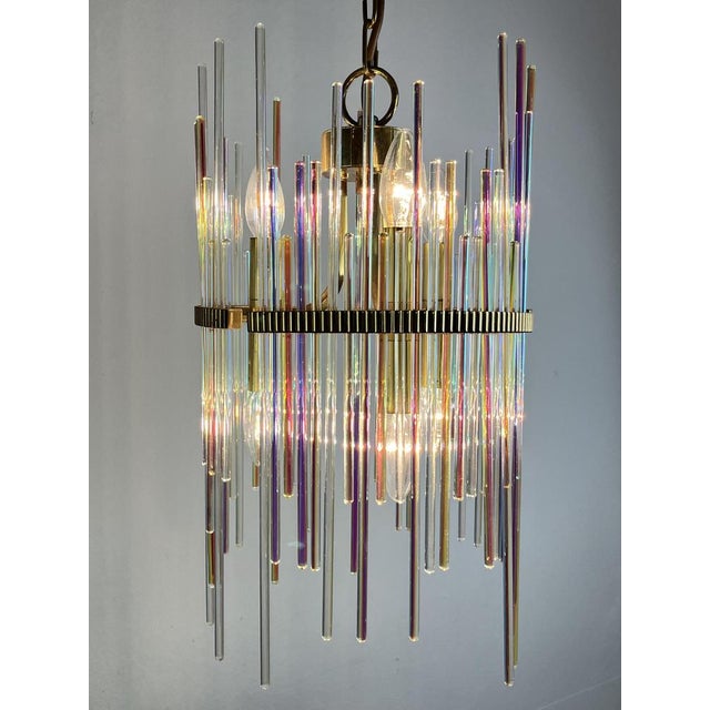 Sciolari chandelier in brass and multicolor Murano glass Italian mid-century design from the 1960s. Six lights, e14 lamps....
