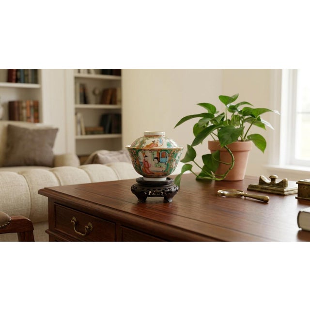 Mid 19th Century 19th C. Chinese Famille Rose Figural Gaiwan With Carved Stand For Sale - Image 5 of 5