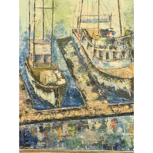 Large Mid-Century Modern Impasto Expressionist Harbor Boats Painting, Signed Oil For Sale - Image 4 of 7