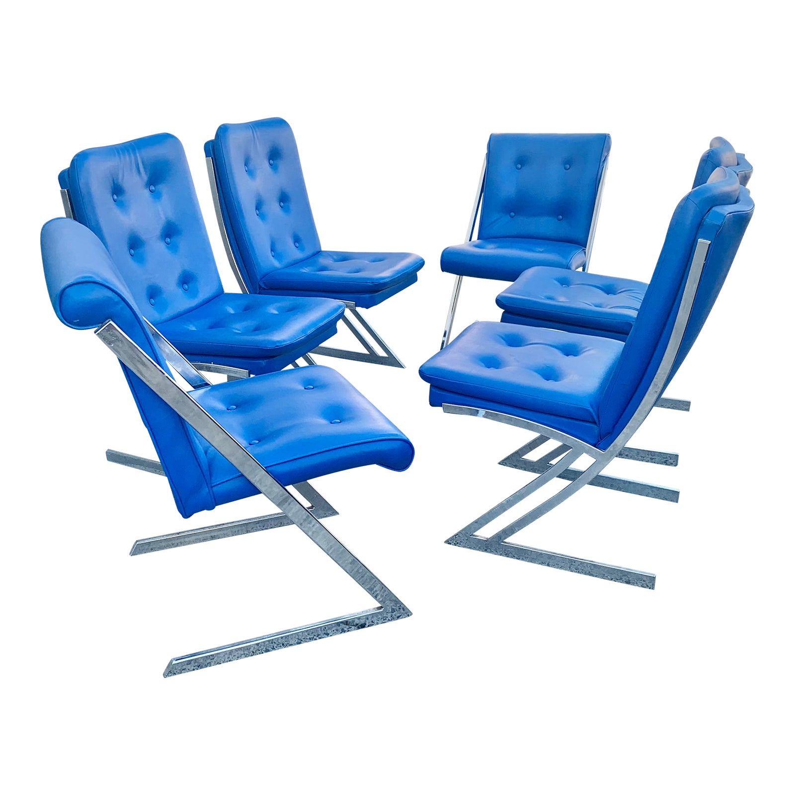 1970s Blue Leather and Chrome Z Chairs Attributed to Milo Baughman for