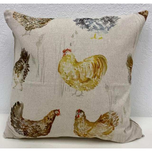 Textile 16" Square Pillow Adorned With a Bevy of Colorful Chickens - Made in Uk. For Sale - Image 7 of 7