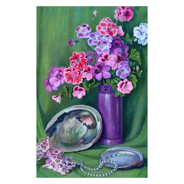Impressionist Geranium and Abalone Shell Still Life by Rose Campbell For Sale - Image 3 of 4