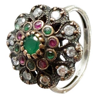 Vintage Ruby, Emerald& Diamond Ring Sterling Silver Size 8 For Sale