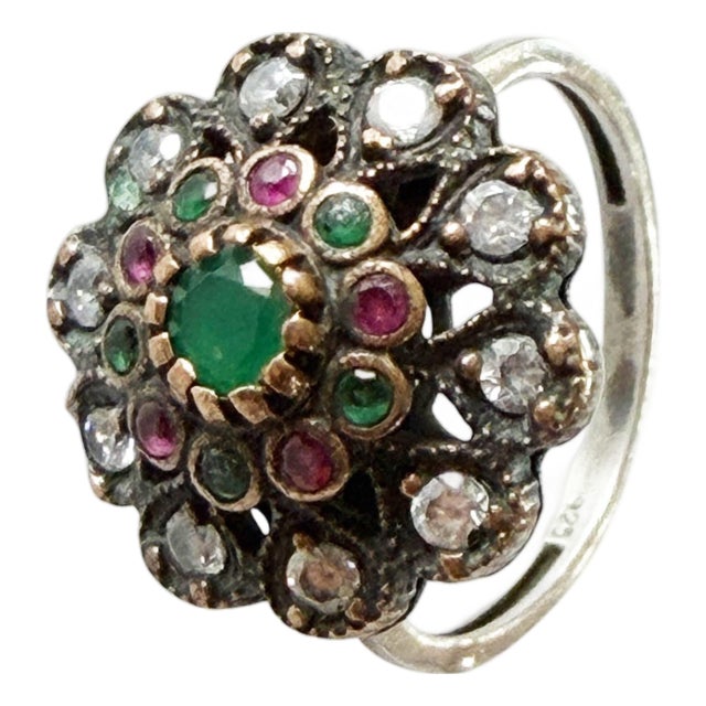 Vintage Ruby, Emerald& Diamond Ring Sterling Silver Size 8 For Sale