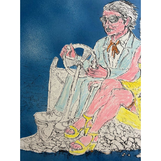 1990s Large Vintage Original Hand Colored Etching of a Man and Woman in Car For Sale - Image 5 of 6