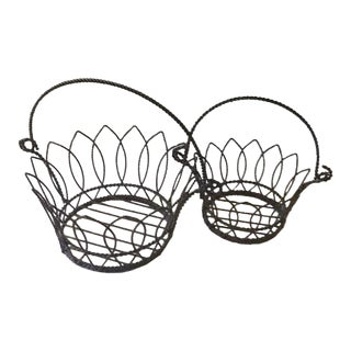 Vintage French Farmhouse Wire Baskets With Handles in 2 Sizes For Sale