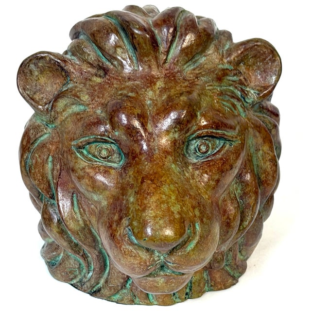 Late 20th Century Pair of Regal Bronze Lion Head Bookends with Verdigris Patinated Highlights For Sale - Image 5 of 11