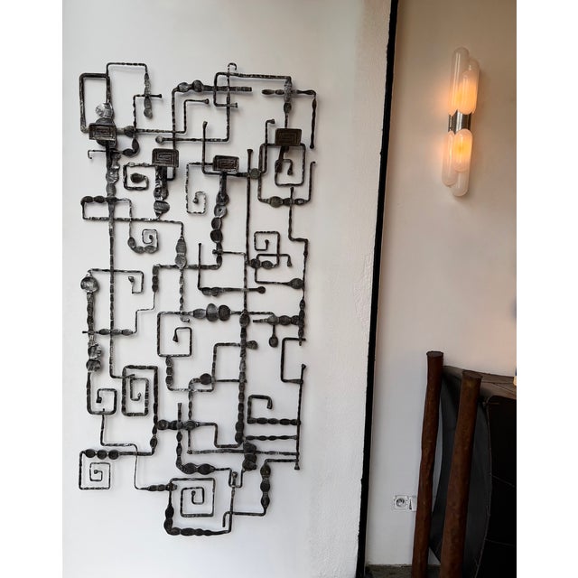 Rare large Mid-Century Modern Brutalist wall coat rack stand sculpture in wrought iron by the italian design manufacture M...