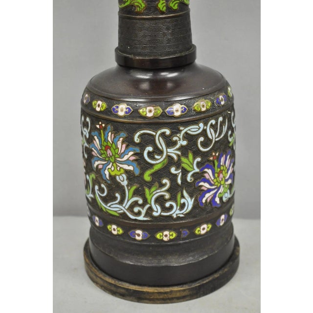 Antique Chinese Bronze Cloisonne Enameled Champleve Chinoiserie Table Lamp For Sale - Image 9 of 13
