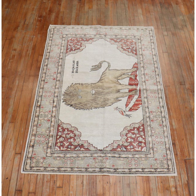 Gray Lion Motif Vintage Turkish White Ground Dowry Rug, 20th Century - 4'7" x 6'9" For Sale - Image 8 of 18