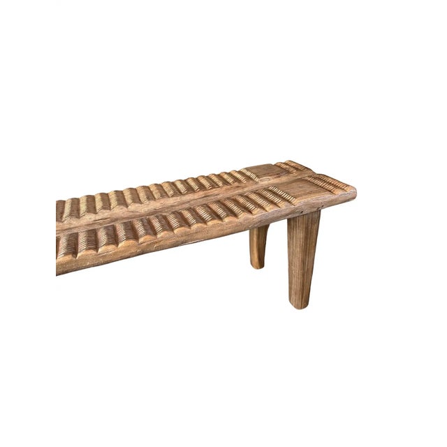 Teak Wood Sculptural Long Bench, Carved Detailing, Modern Organic For Sale - Image 11 of 11