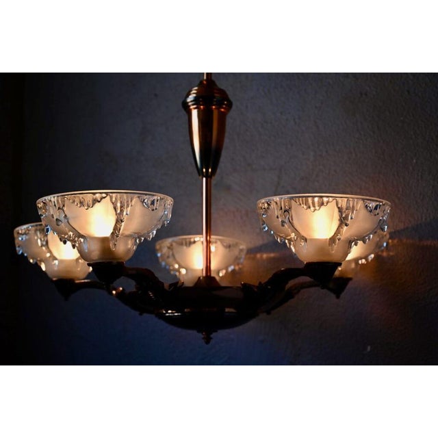 Large Art Deco Chandelier in Gilded Metal and Sandblasted Glass Ezan, France, 1930s For Sale - Image 13 of 18