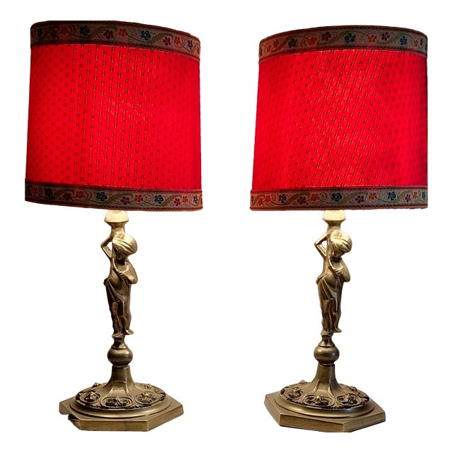 Vintage Table Lamps with Figurative Brass Base and Handmade Fabric Shade, 1960s, Set of 2 For Sale