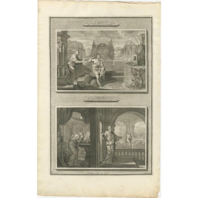 Baroque Pieter Mortier, David Sees Bathsheba and Nathan Rebukes David, 1700, Engraving For Sale - Image 3 of 12